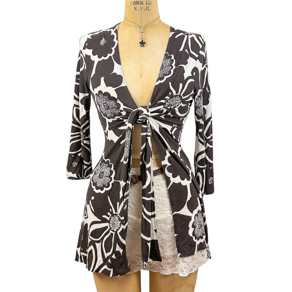 Cabi Boho Mod Floral Tie‎ Front Tunic Top Size S 70s Retro Maximalist Brown Y2K